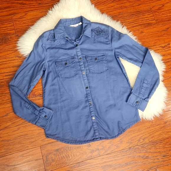 Sun& Shadow Button Front Embroidered Collared Fitted Longsleeve Shirt - Picture 1 of 5